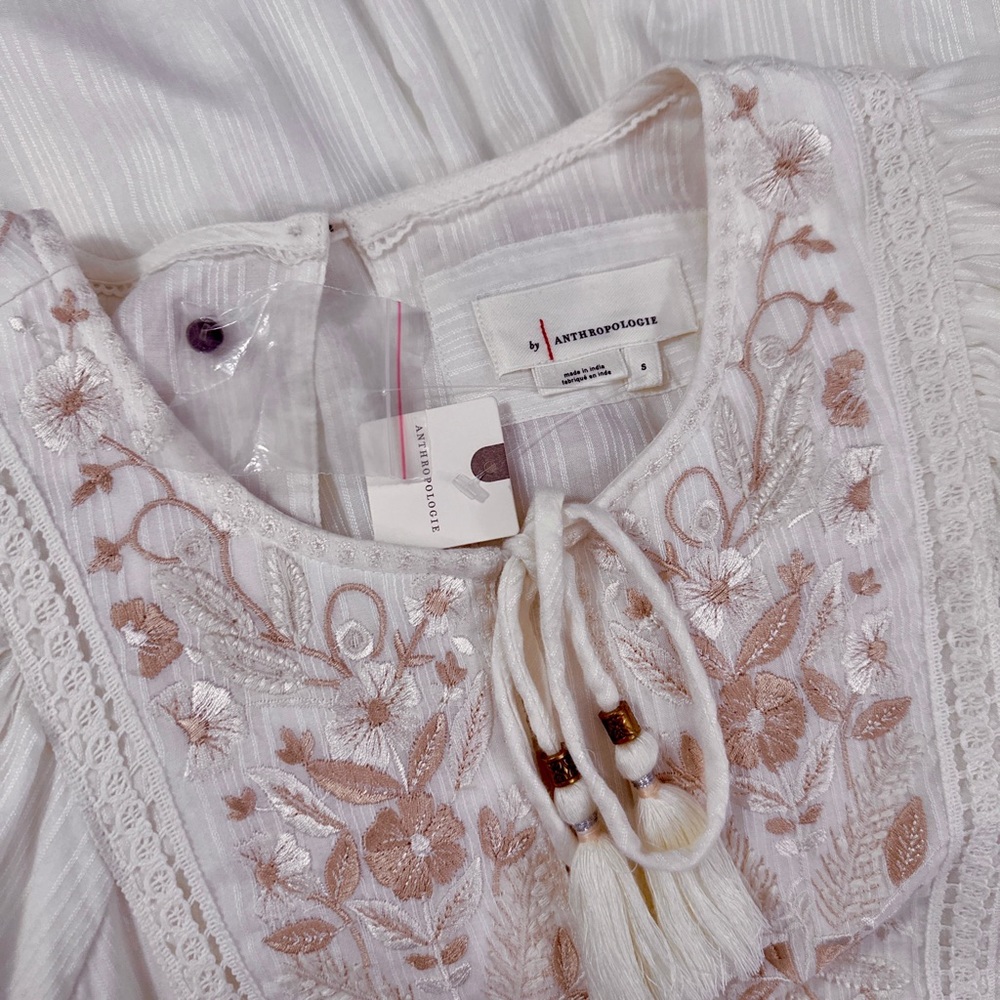 Anthropologie Viveka Embroidered Lace Puff Sleeve Mini Dress In Ivory White NWT - Picture 12 of 13